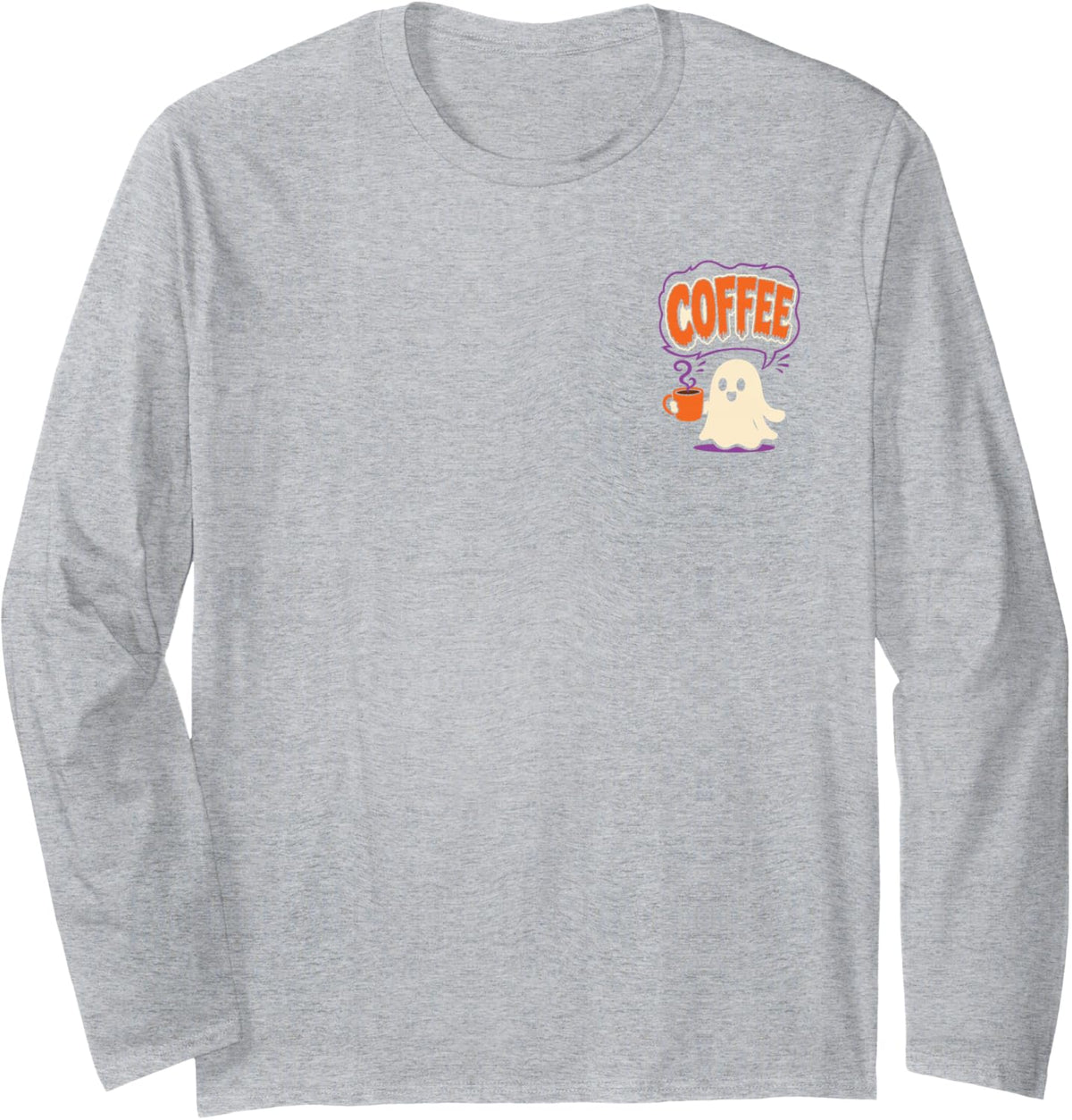 Halloween Coffee Lover Cute Ghost Holding A Cup Funny Long Sleeve T-Shirt - Adult Unisex Heather Grey