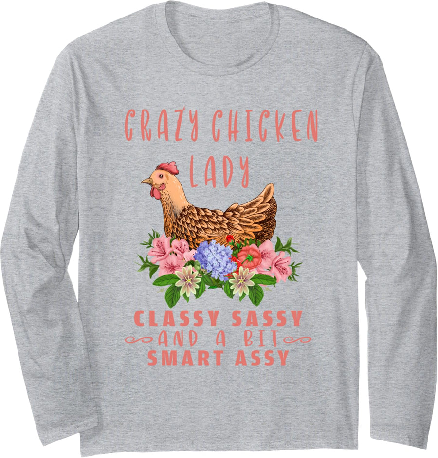 Funny Crazy Chicken Lady Farmer Mom Mama Women Gift Long Sleeve T-Shirt - Adult Unisex Heather Grey