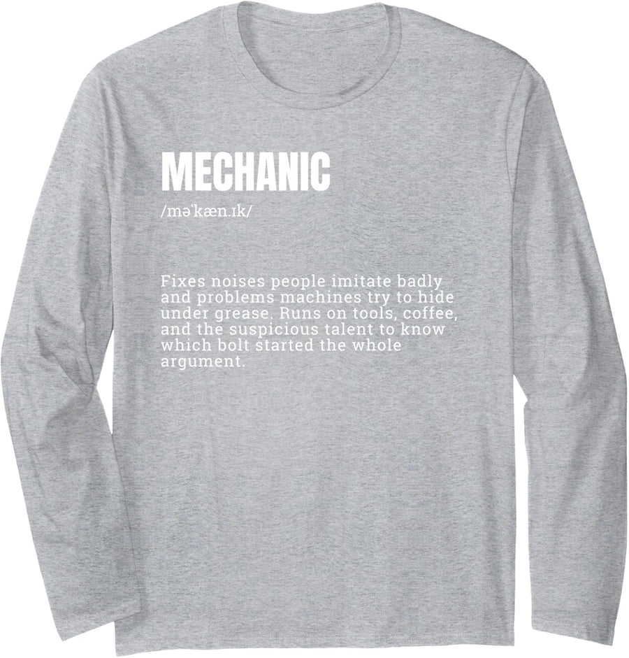 Funny Mechanic Definition Automotive Repair Tech Long Sleeve T-Shirt - Adult Unisex Heather Grey