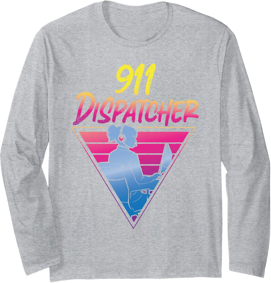 911 Dispatcher Thin Gold Yellow Line Retro Vintage 80s 90s Long Sleeve T-Shirt - Adult Unisex Heather Grey