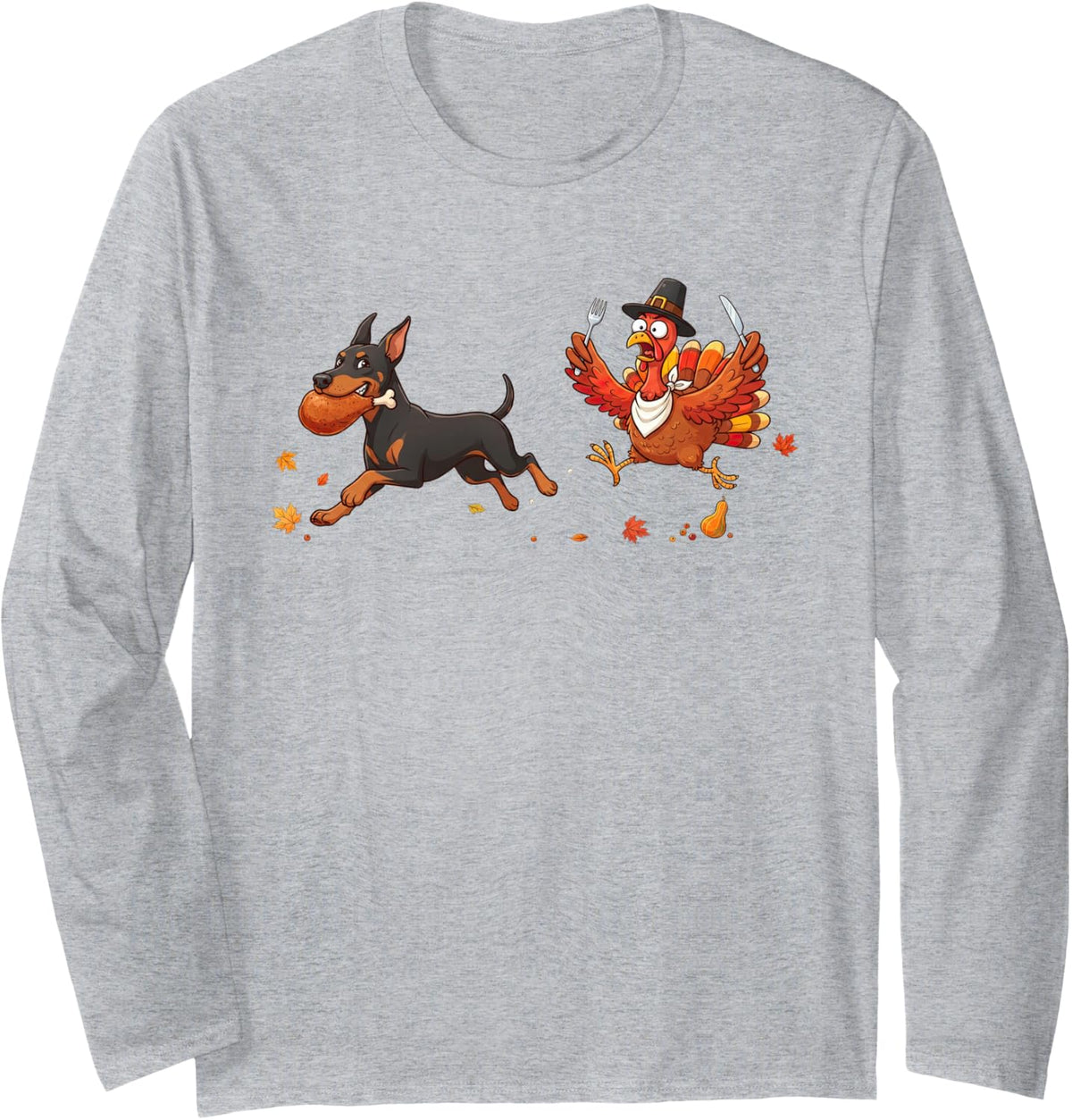 Thanksgiving Turkey Doberman Pinscher Autumn Womens Mens Kid Long Sleeve T-Shirt - Adult Unisex Heather Grey