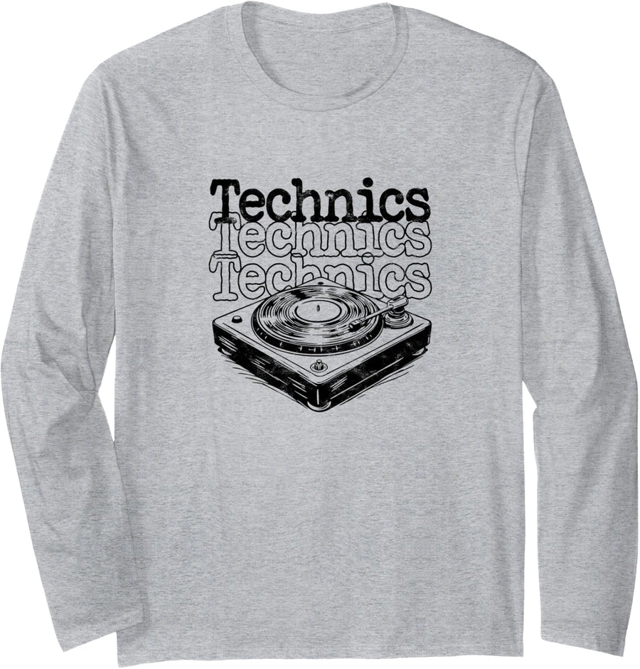 Technics Turntable Vintage Dj Vinyl Record Long Sleeve T-Shirt - Adult Unisex Heather Grey