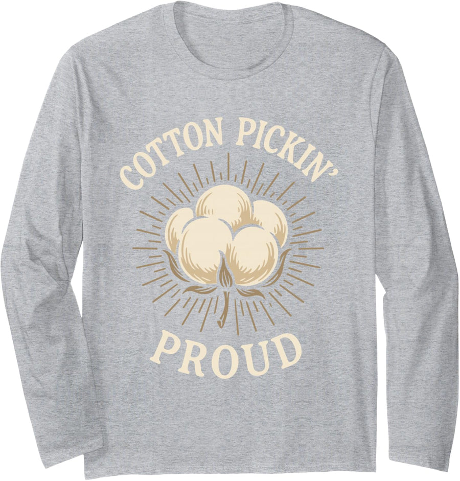 Cotton Pickin Southern Farm Humor State Pride Heritage Long Sleeve T-Shirt - Adult Unisex Heather Grey