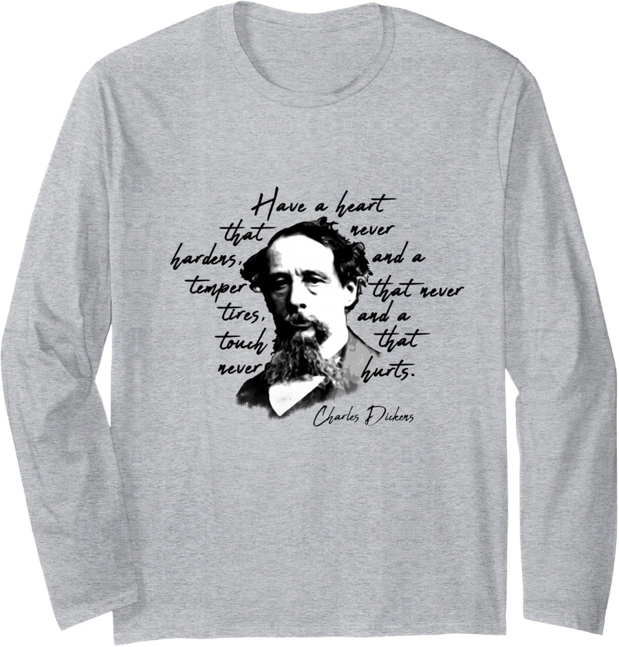 Dickens Minimalist Portrait Quote Charles Dickens Long Sleeve T-Shirt - Adult Unisex Heather Grey