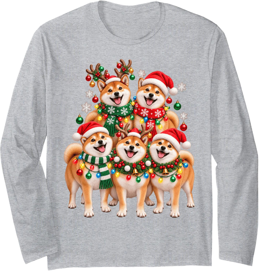 Christmas Lights Chiba Shiba Inu Santa Funny Xmas Trees Long Sleeve T-Shirt - Adult Unisex Heather Grey