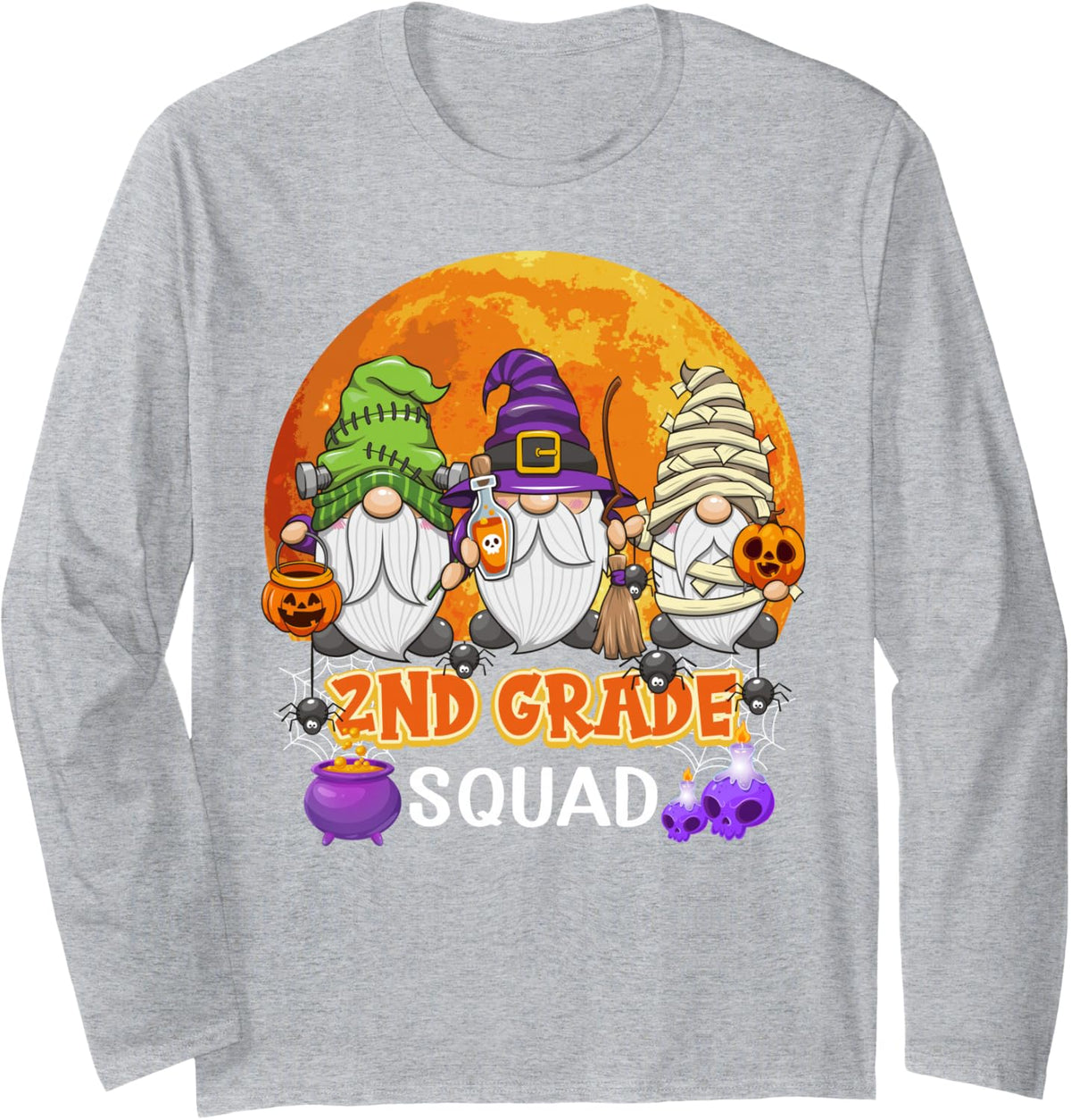 2nd Grade Squad Halloween Second Grader Gnome Matching Long Sleeve T-Shirt - Adult Unisex Heather Grey