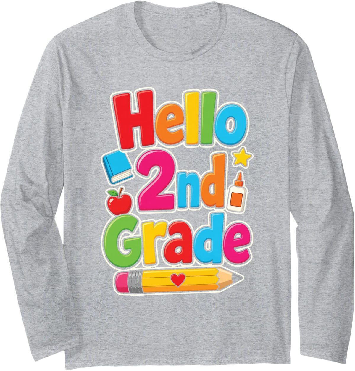 2nd Grade Second Elementary Apple Heart Star First Day Long Sleeve T-Shirt - Adult Unisex Heather Grey