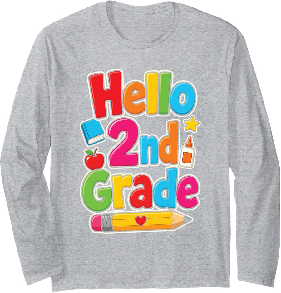 2nd Grade Second Elementary Apple Heart Star First Day Long Sleeve T-Shirt - Adult Unisex Heather Grey