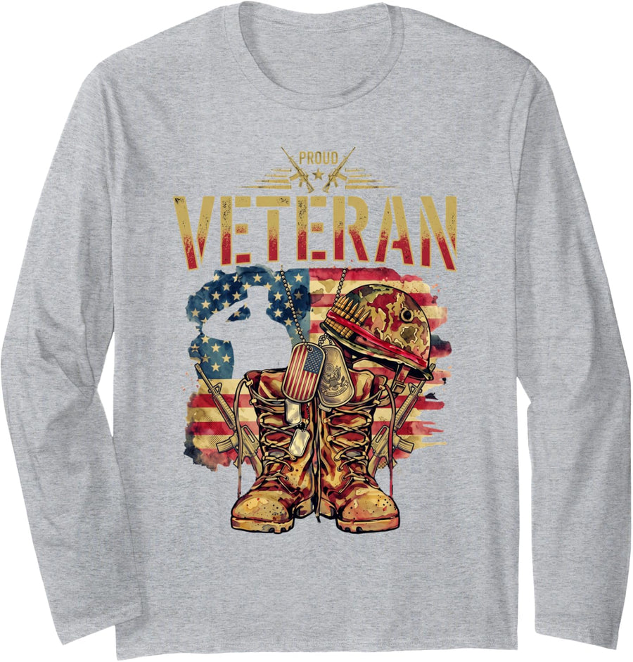 Thank You Veterans Day -United States America American Flag Long Sleeve T-Shirt - Adult Unisex Heather Grey