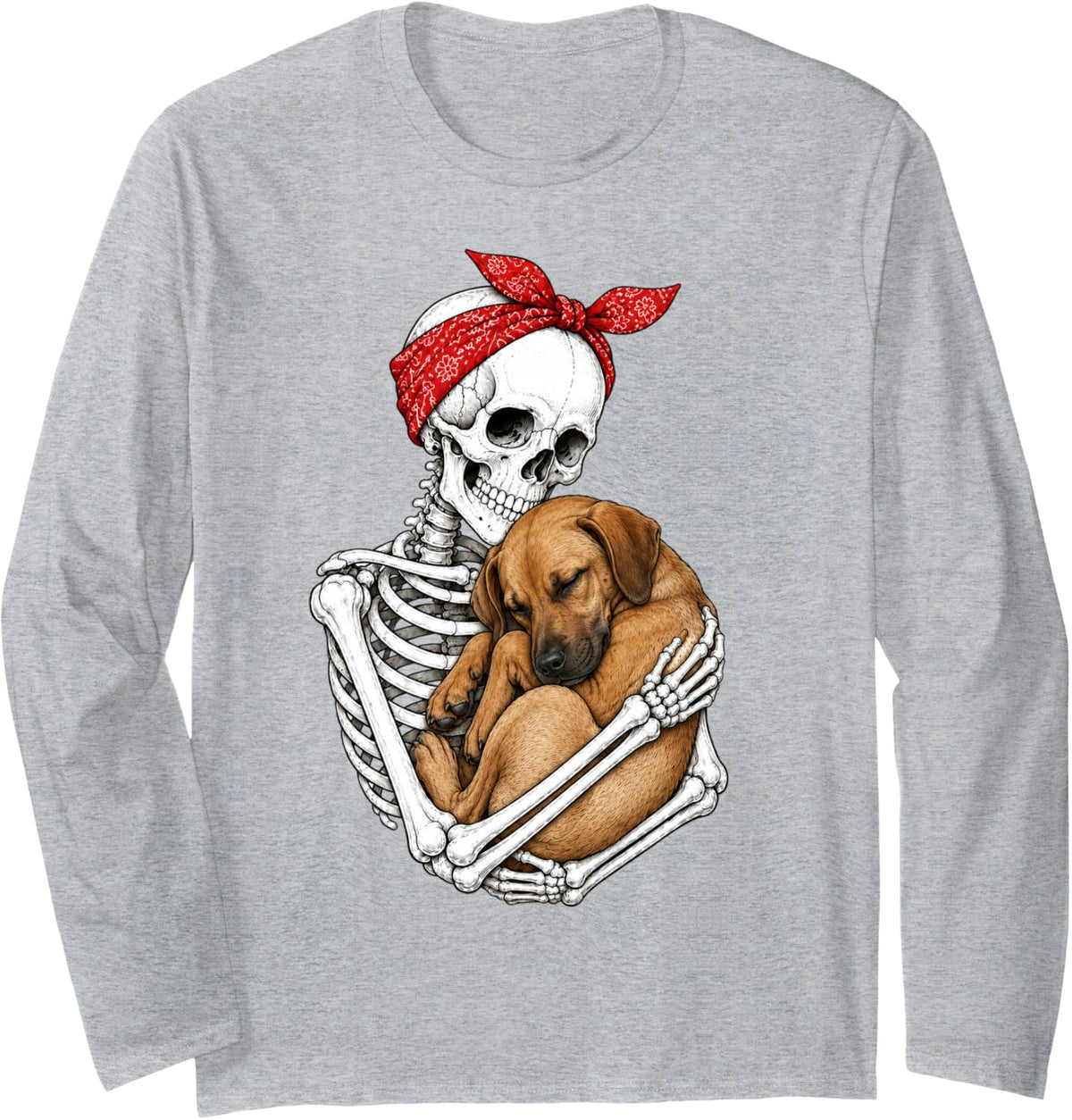 Skeleton Holding Rhodesian Ridgeback Dog Funny Lazy Long Sleeve T-Shirt - Adult Unisex Heather Grey
