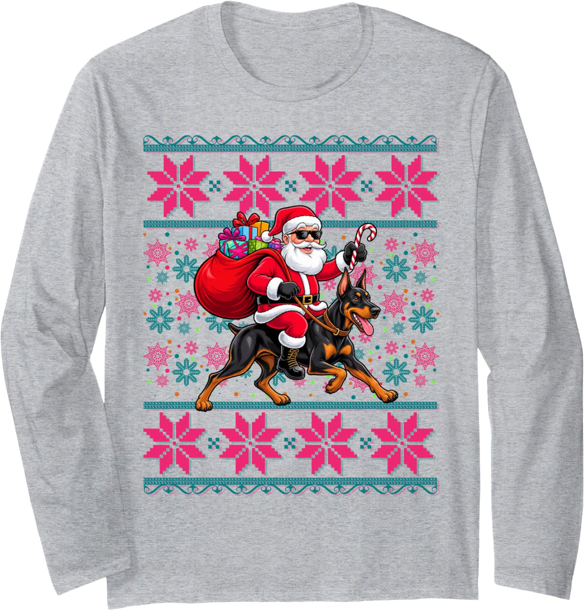 Christmas Women Girls Santa Riding Doberman Pinscher Dog Long Sleeve T-Shirt - Adult Unisex Heather Grey