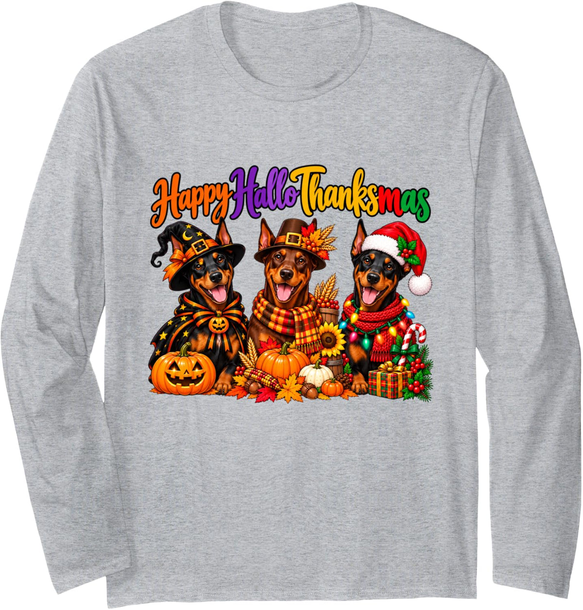Doberman Pinscher Happy Hallothanksmas Halloween Long Sleeve T-Shirt - Adult Unisex Heather Grey
