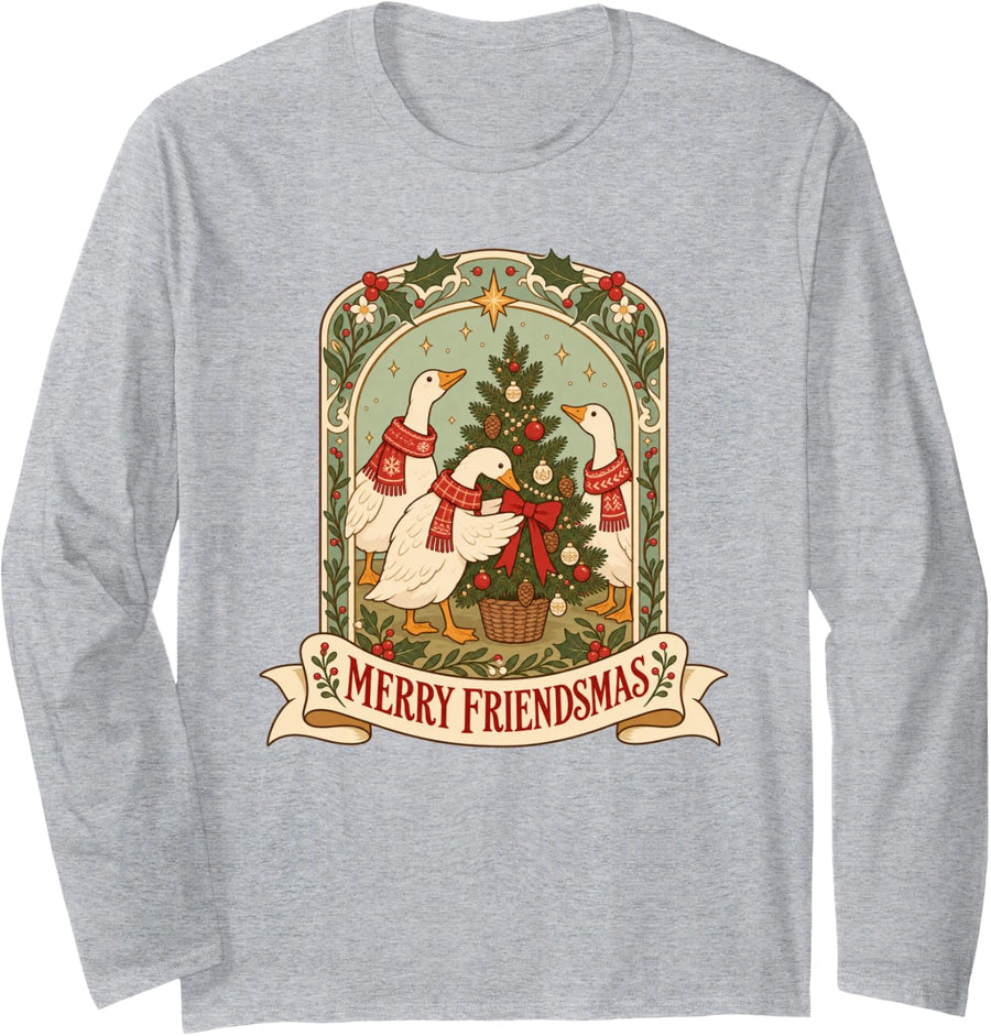 Merry Friendsmas Christmas Geese in Scarves Decorating Tree Long Sleeve T-Shirt - Adult Unisex Heather Grey