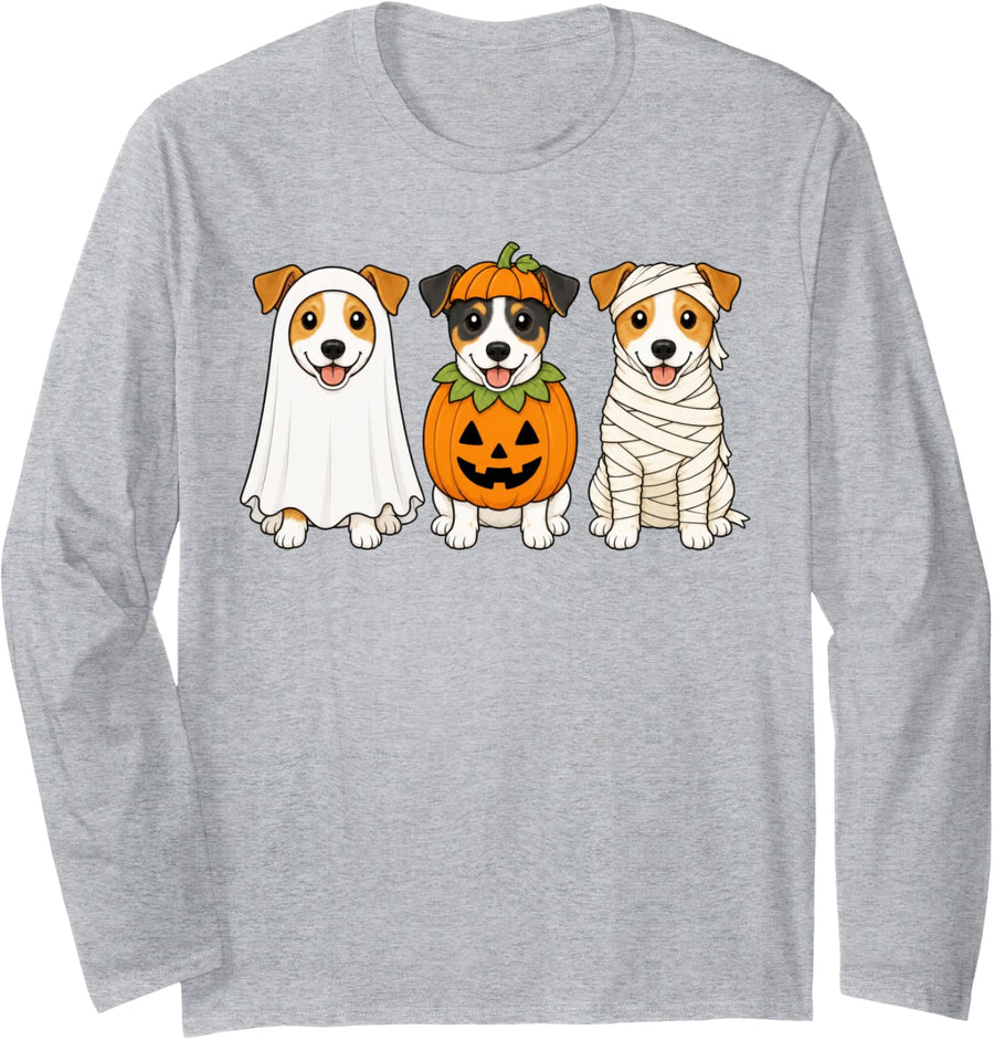 Spooky Jack Russell Pumpkin Ghost Halloween Dog Lover Long Sleeve T-Shirt - Adult Unisex Heather Grey