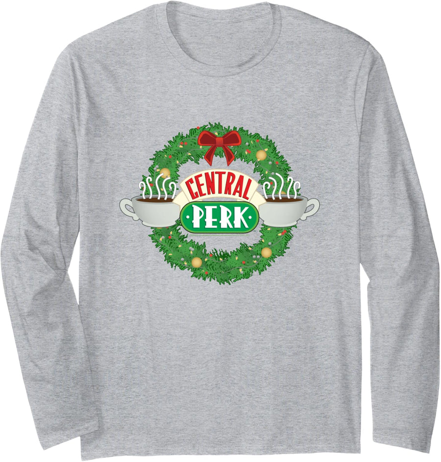 Friends Christmas at Central Perk Wreath TV Show Long Sleeve T-Shirt - Adult Unisex Heather Grey