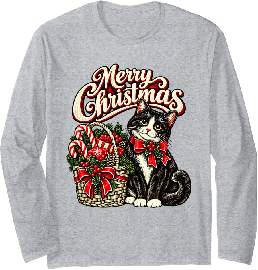 Merry Christmas Proud Cat Red Neck Bow Long Sleeve T-Shirt - Adult Unisex Heather Grey