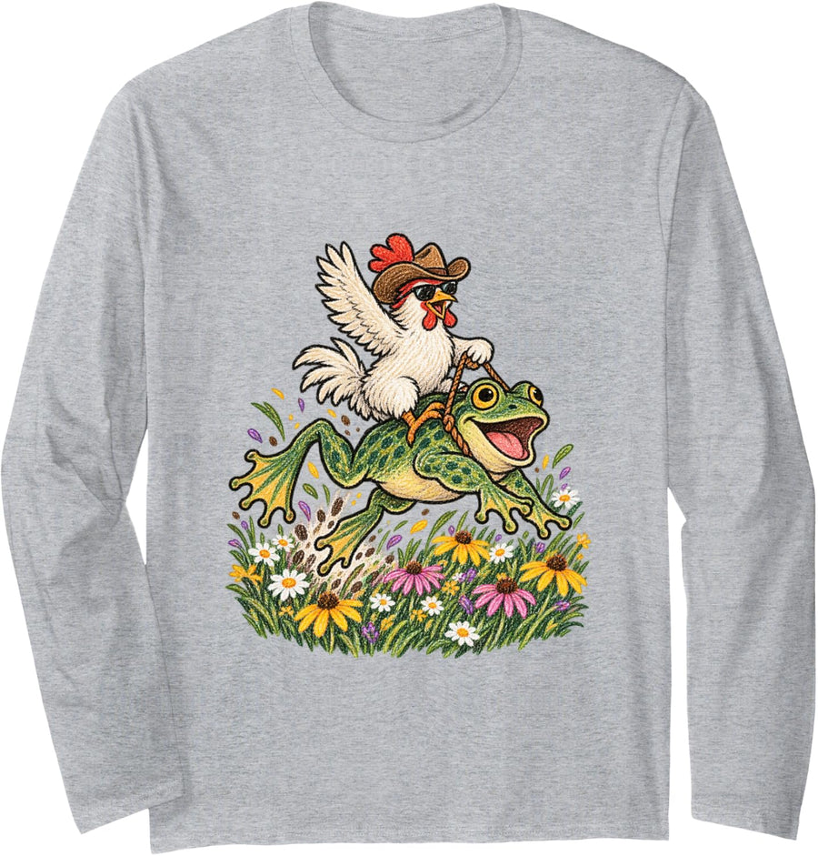 Chicken Riding Giant Frog Funny Animal Meme Long Sleeve T-Shirt - Adult Unisex Heather Grey