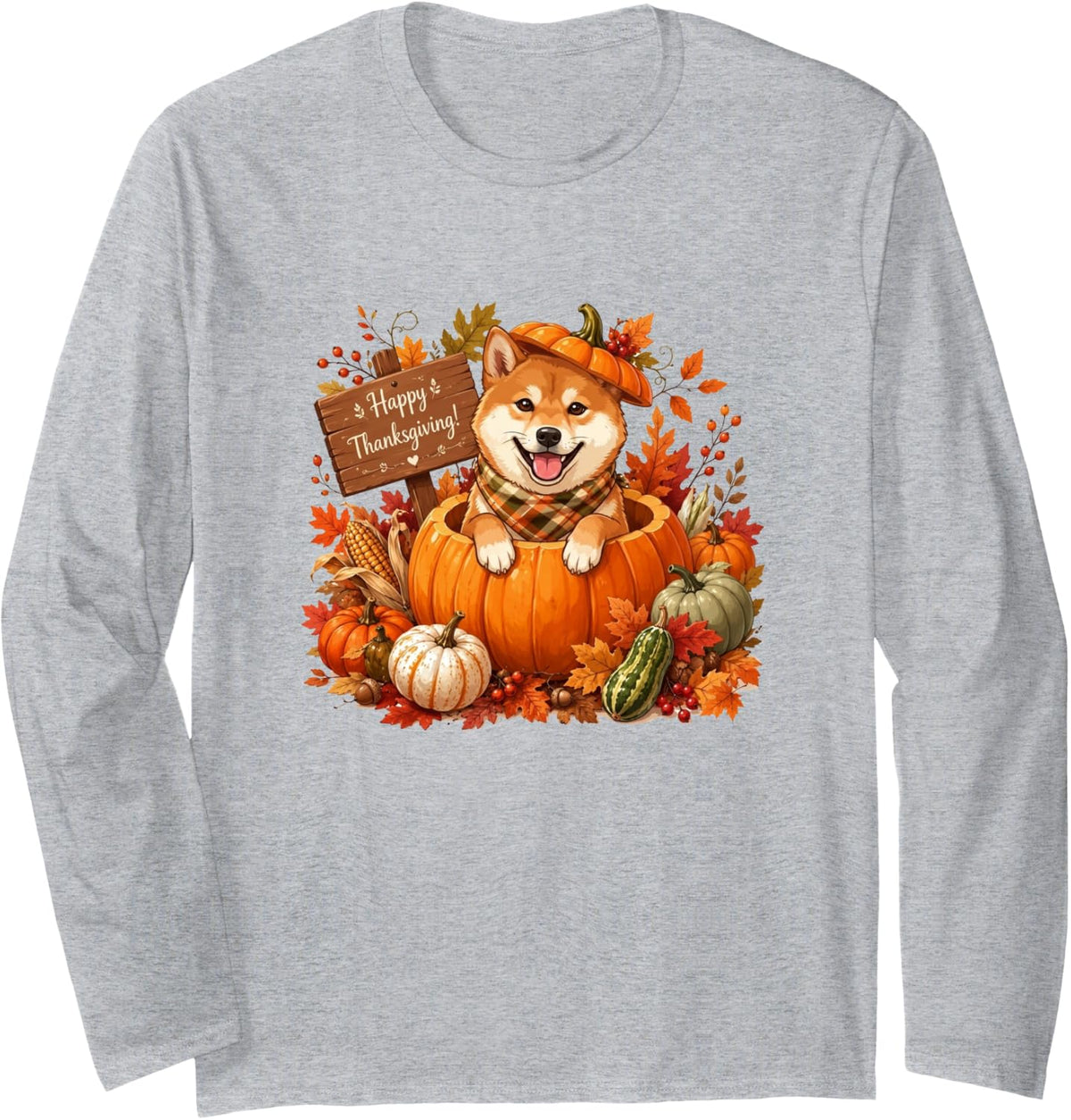 Shiba Inu Inside Pumpkin Fall Leaves Thanksgiving Owner Long Sleeve T-Shirt - Adult Unisex Heather Grey