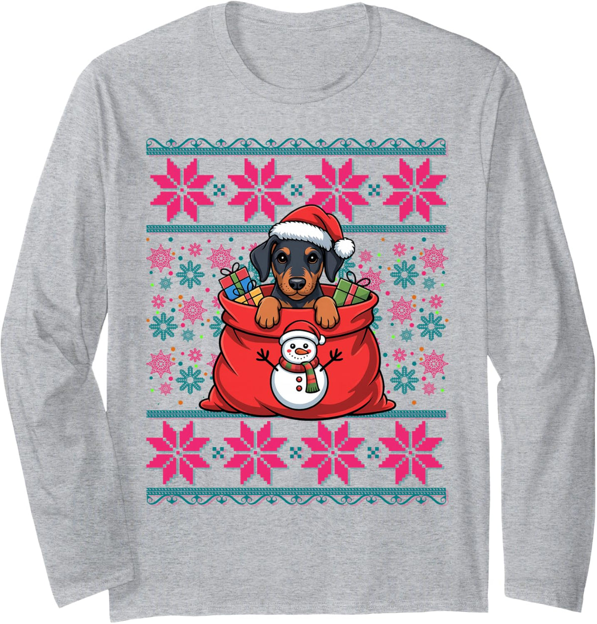 Ugly Christmas Pajama Women Boys Girls Doberman Pinscher Dog Long Sleeve T-Shirt - Adult Unisex Heather Grey