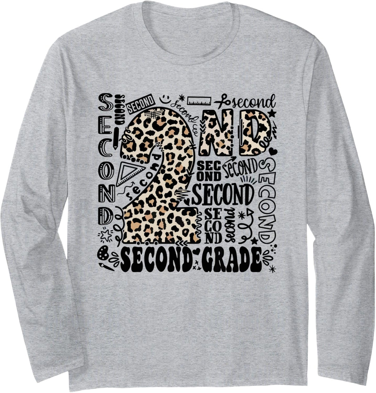 Leopard 2nd Grade Typography Team Second Grade Teacher Gift Long Sleeve T-Shirt - Adult Unisex Heather Grey