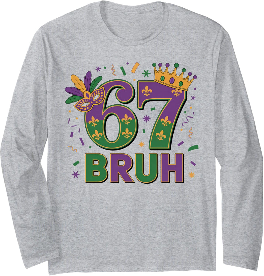 Mardi Gras Six Seven 6 7 Meme Matching Carnival Long Sleeve T-Shirt - Adult Unisex Heather Grey