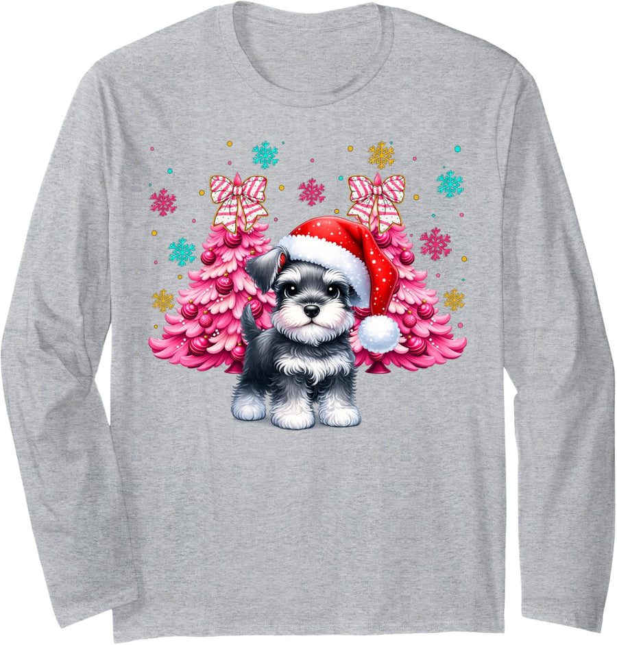 Santa Hat Giant Schnauzer Christmas Puppy Dog Xmas Boy Girls Long Sleeve T-Shirt - Adult Unisex Heather Grey
