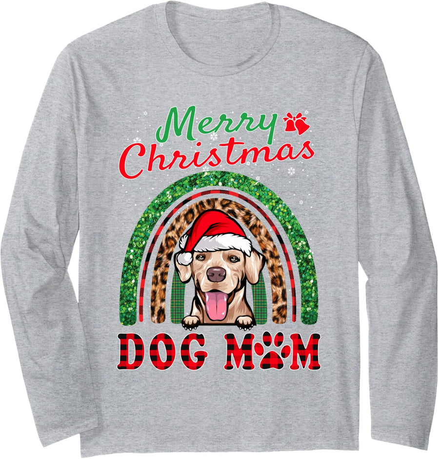 Rhodesian Ridgeback Christmas Santa Dog Mom Rainbow Xmas Long Sleeve T-Shirt - Adult Unisex Heather Grey