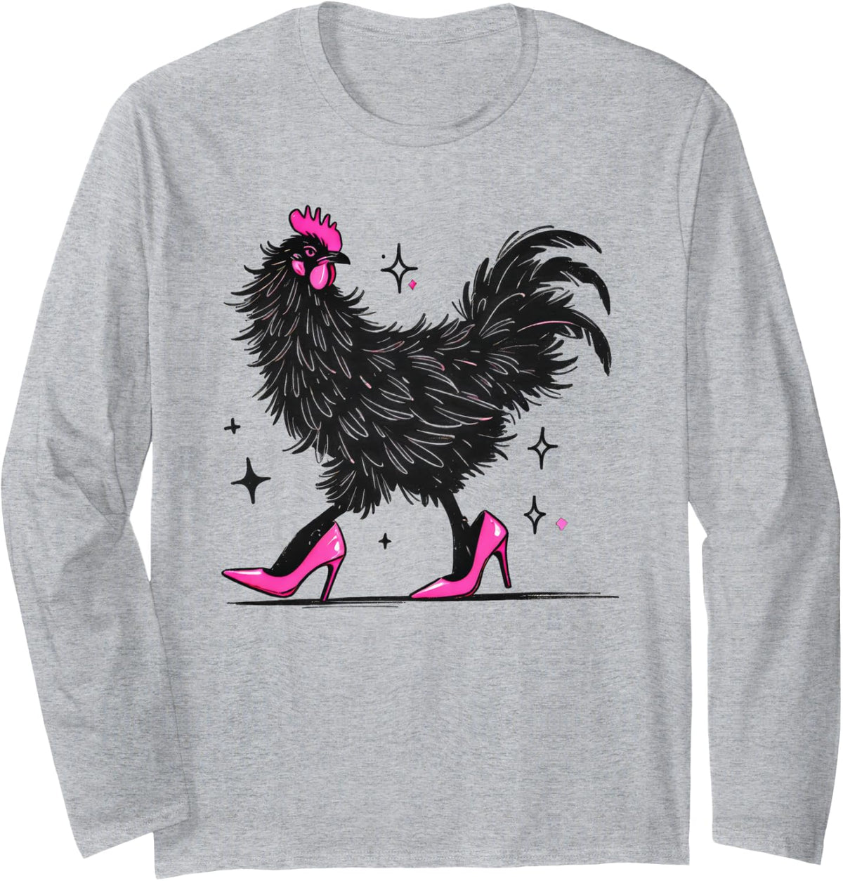 Crazy Chicken in Pink Heels Color Long Sleeve T-Shirt - Adult Unisex Heather Grey