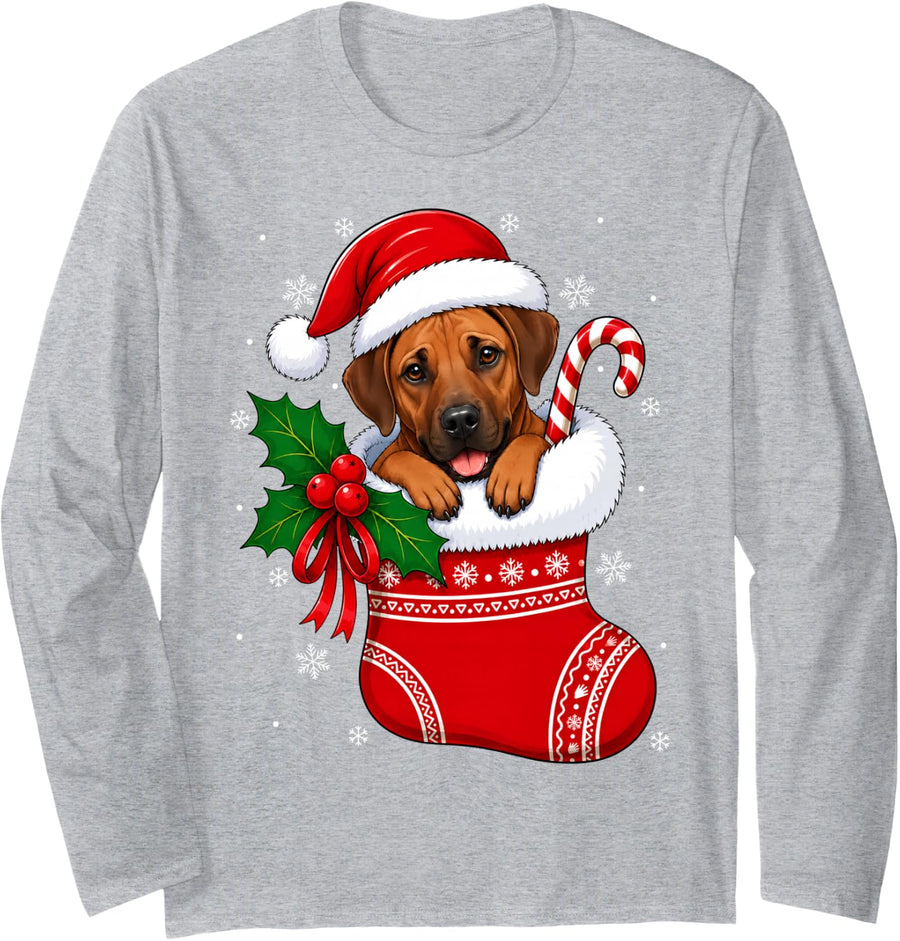 Rhodesian Ridgeback Dog Christmas Stocking Cute Festive Xmas Long Sleeve T-Shirt - Adult Unisex Heather Grey