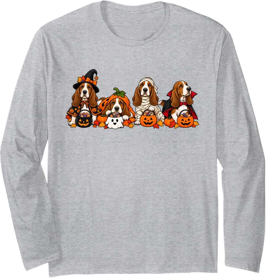 Spooky Ghost Basset Hound Pumpkin Dog Lover Halloween Long Sleeve T-Shirt - Adult Unisex Heather Grey