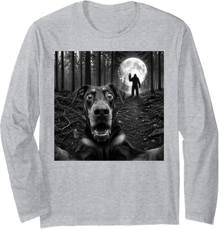 Doberman Selfie with Bigfoot Peace Sign Dobie Dog Sasquatch Long Sleeve T-Shirt - Adult Unisex Heather Grey