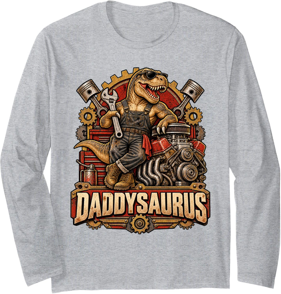 Daddysaurus Dinosaur Mechanic Funny T Rex Dad Automotive Long Sleeve T-Shirt - Adult Unisex Heather Grey