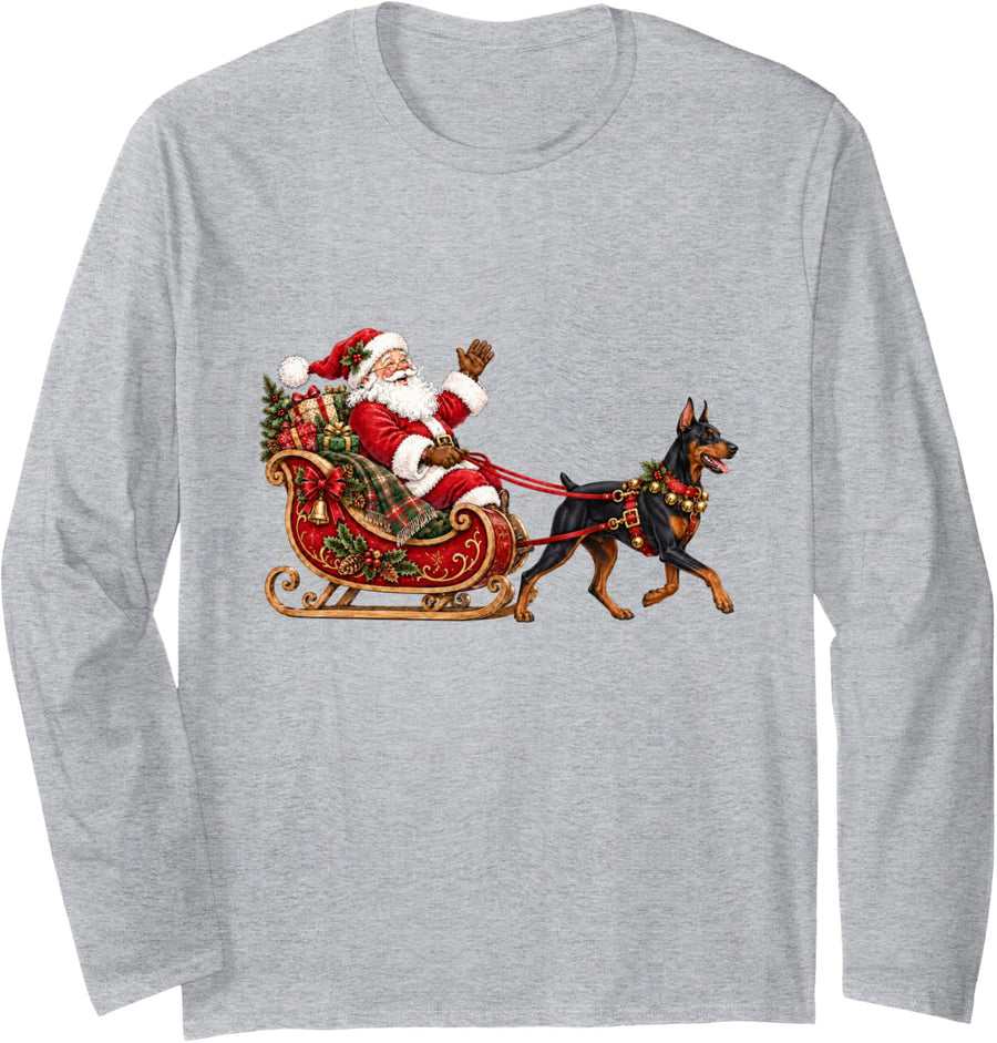Doberman Pinscher Christmas Santa Sleigh Holiday Dog Design Long Sleeve T-Shirt - Adult Unisex Heather Grey