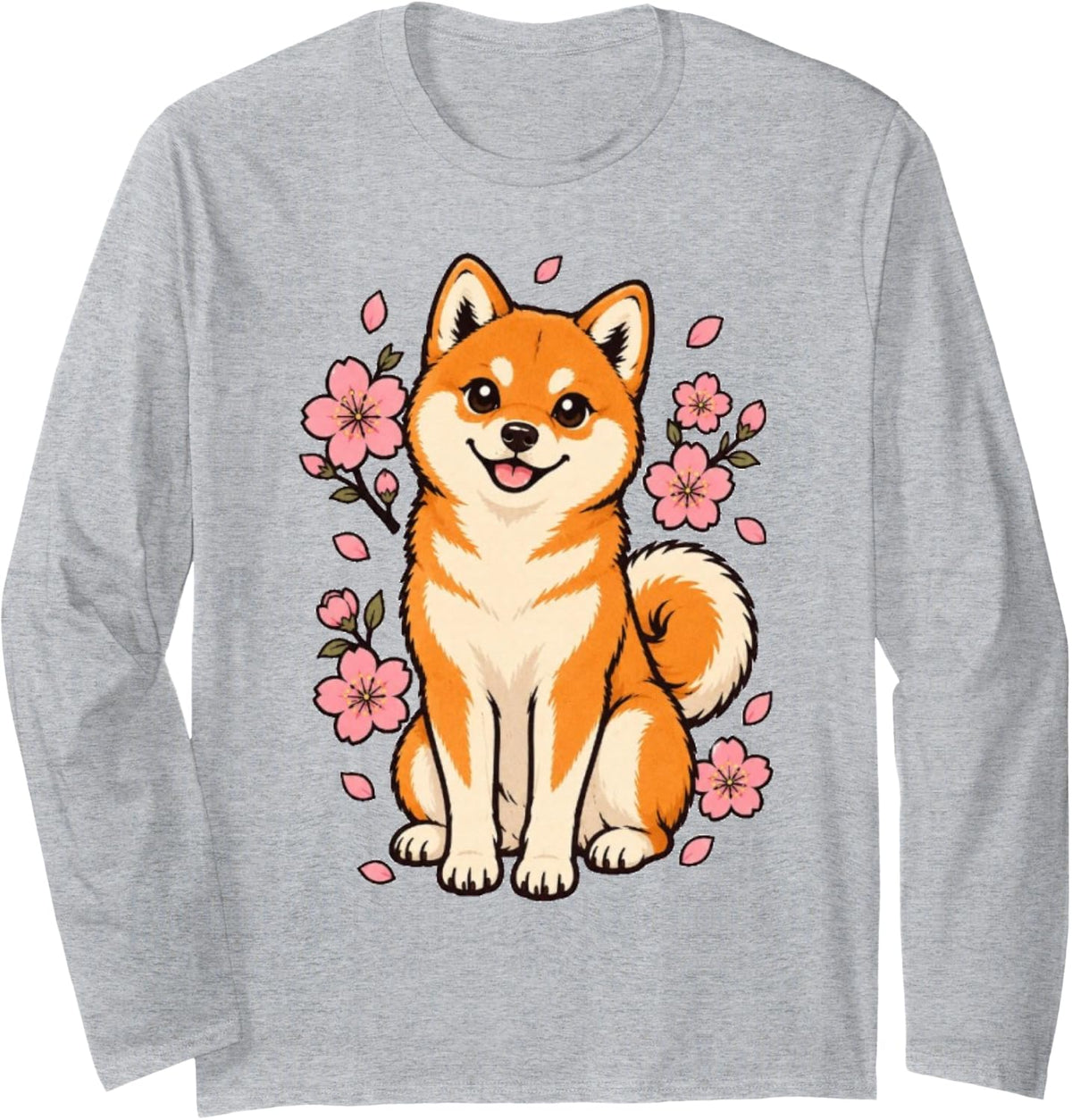Cute Shiba Inu Japanese Dog with Cherry Blossoms Long Sleeve T-Shirt - Adult Unisex Heather Grey