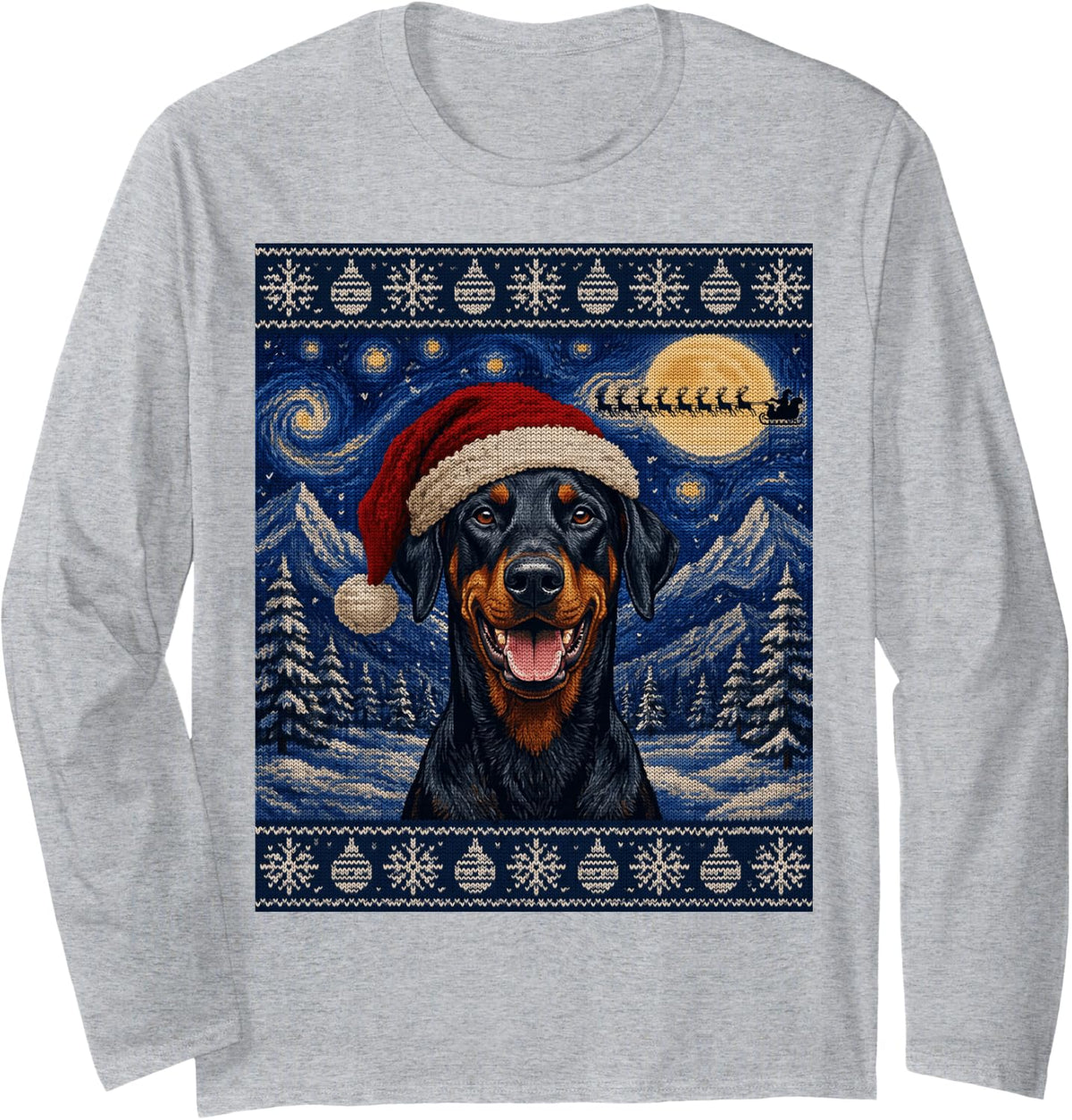 Doberman Pinscher Dog Santa Ugly Christmas Long Sleeve T-Shirt - Adult Unisex Heather Grey