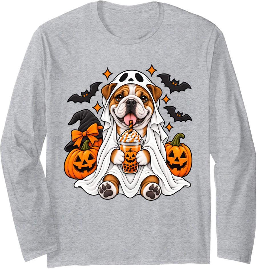 Cute English Bulldog Ghost Pumpkin Spice Dog Lover Halloween Long Sleeve T-Shirt - Adult Unisex Heather Grey