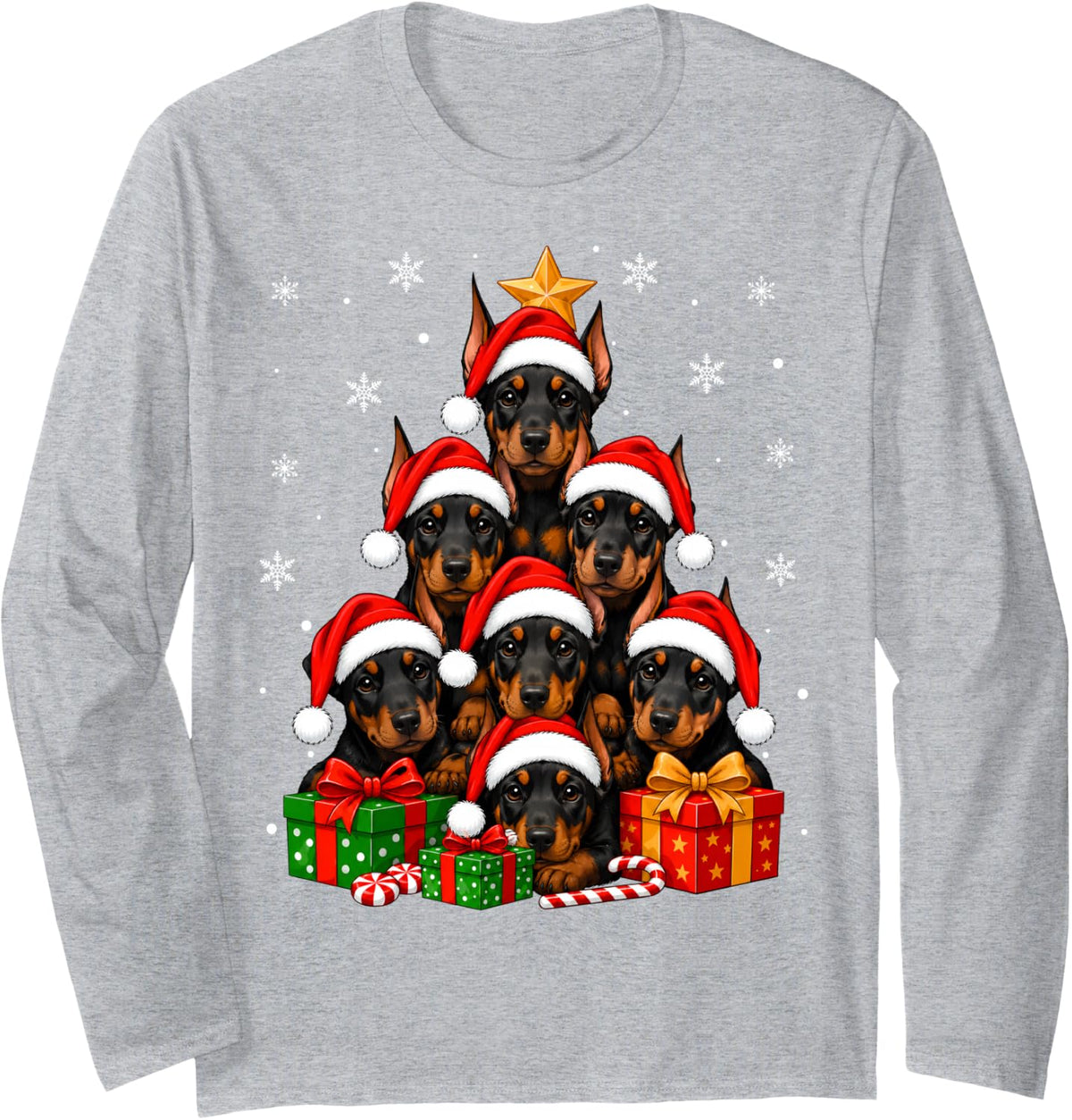 Doberman Pinscher Dog Christmas Tree Cute Festive Pet Xmas Long Sleeve T-Shirt - Adult Unisex Heather Grey