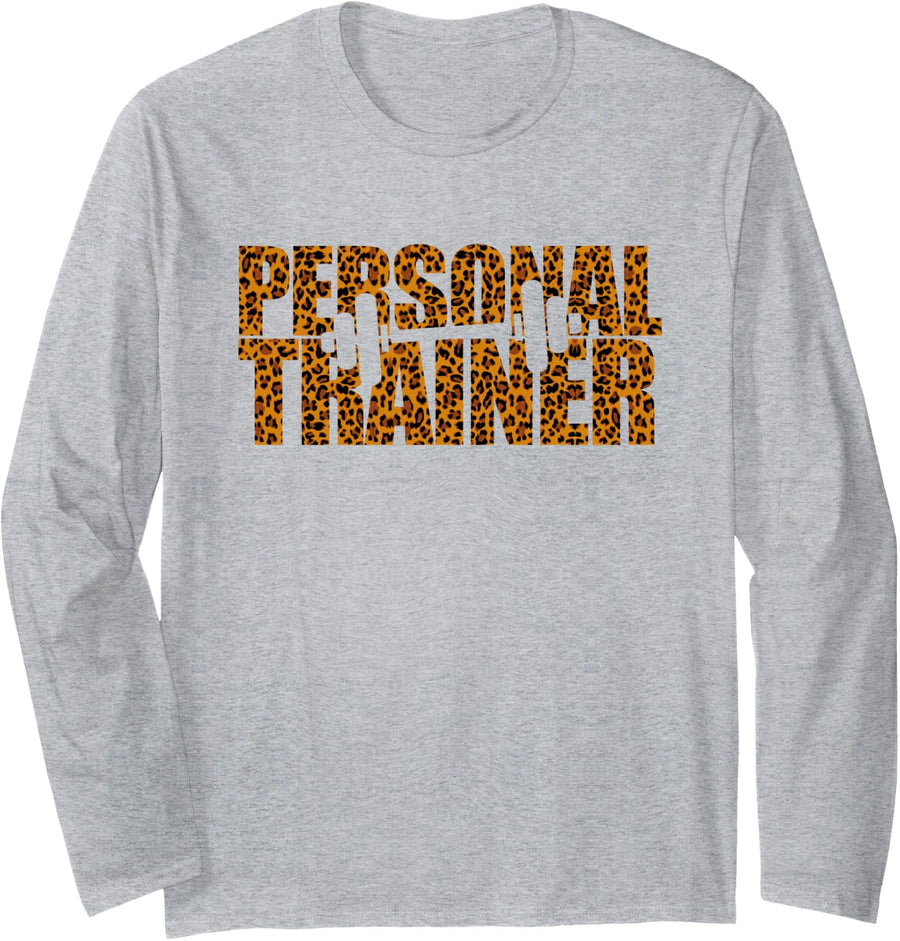 Personal Trainer Leopard Print Fitness Wellness Instructor Long Sleeve T-Shirt - Adult Unisex Heather Grey