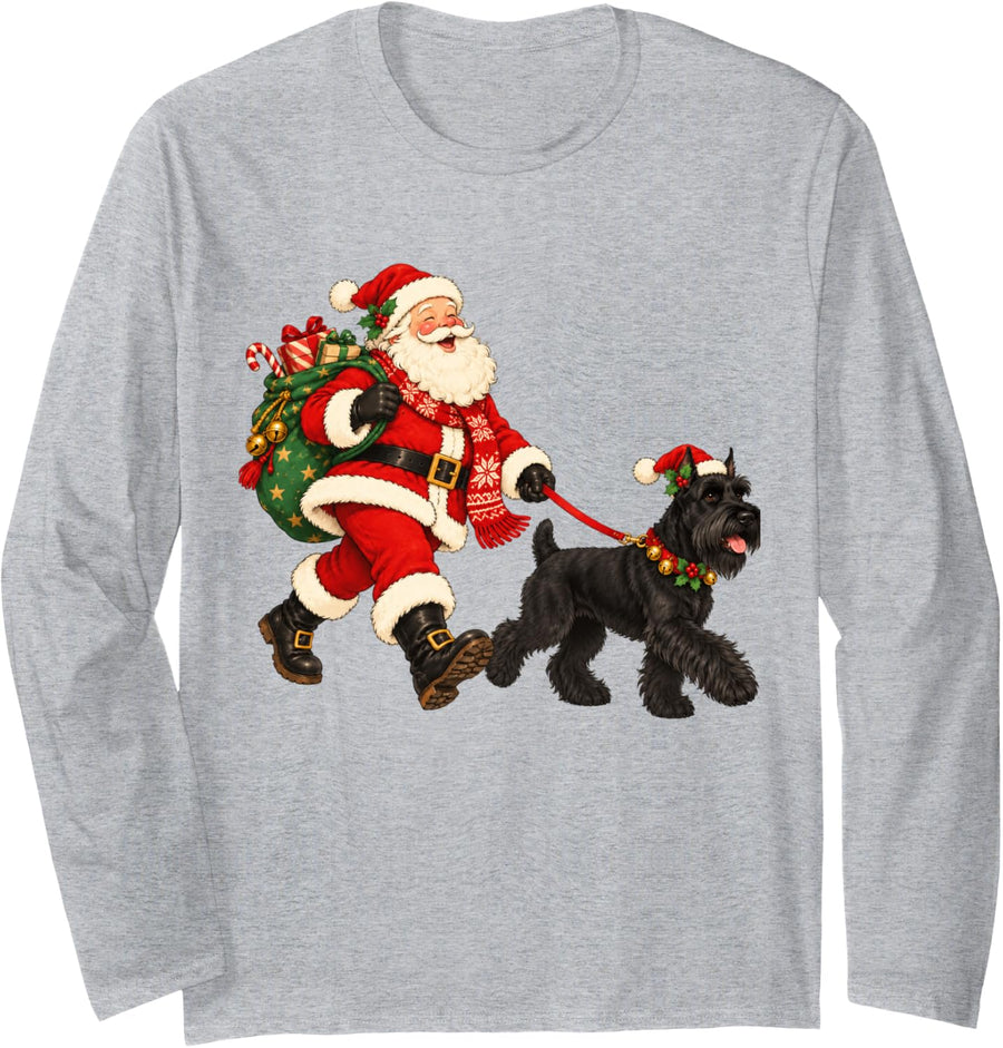 Giant Schnauzer Christmas Dog Walking with Santa Holiday Dog Long Sleeve T-Shirt - Adult Unisex Heather Grey