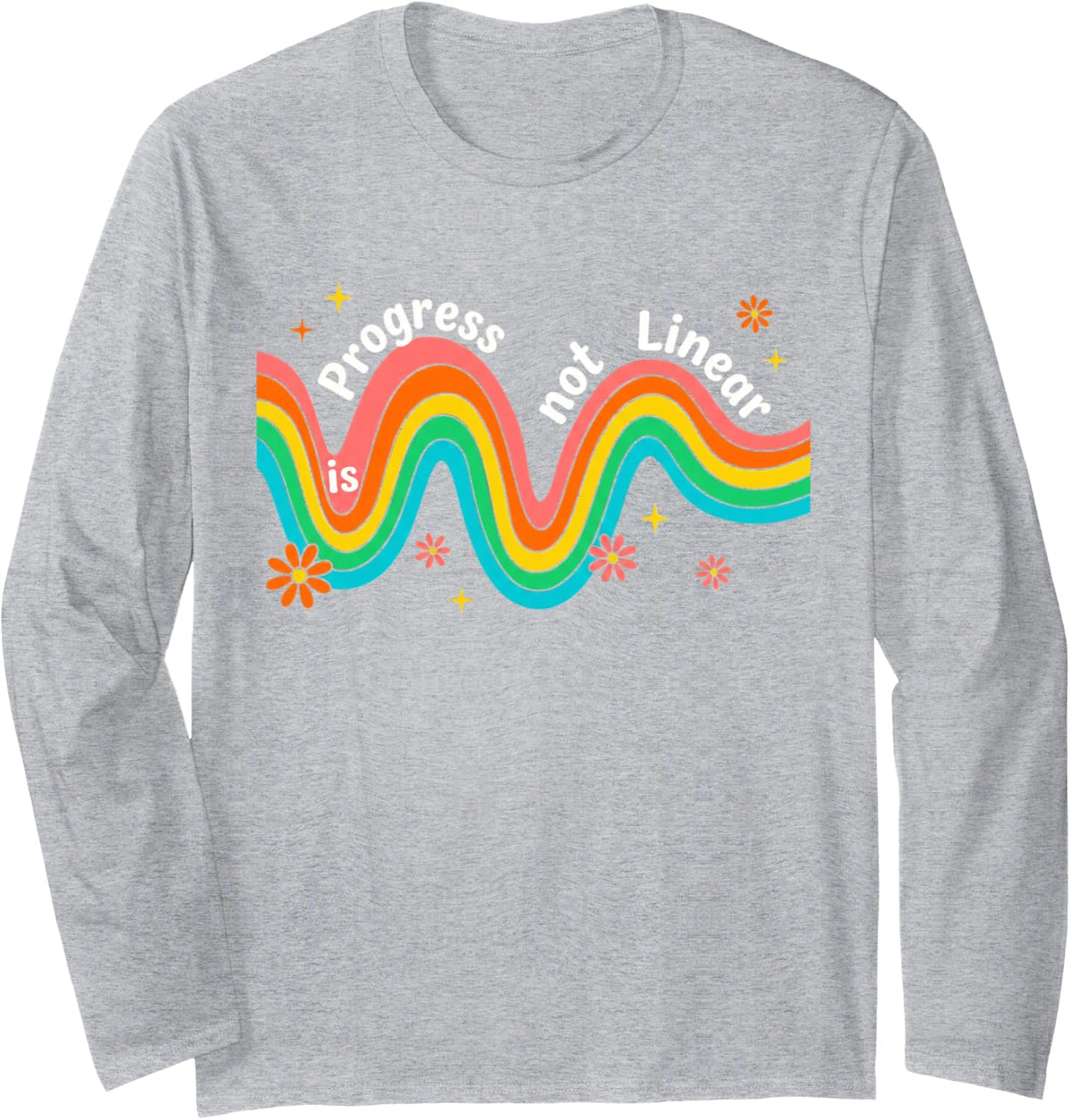 Progress is Not Linear Retro Groovy Teacher Growth Mindset Long Sleeve T-Shirt - Adult Unisex Heather Grey