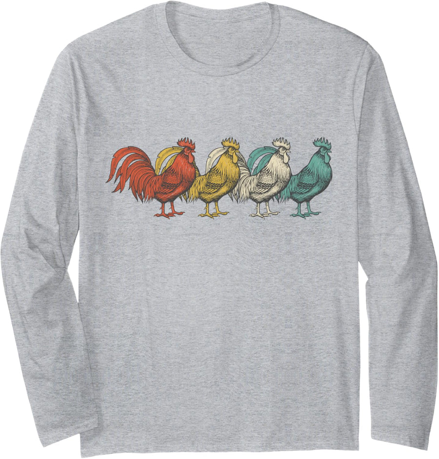 Vintage 1980s Retro Rooster Poultry Farmer Chicken Long Sleeve T-Shirt - Adult Unisex Heather Grey