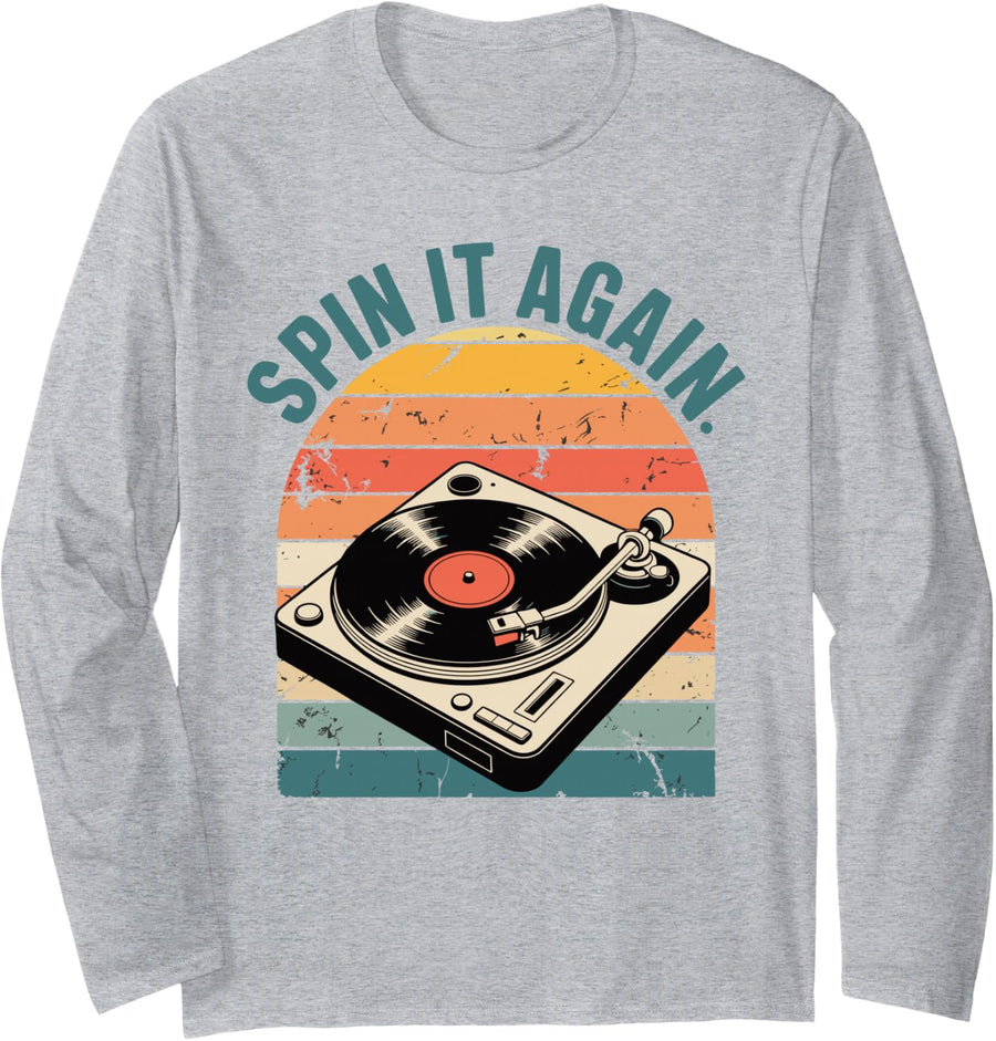 Spin It Again Turntable DJ Music Retro Style Vinyl Player Long Sleeve T-Shirt - Adult Unisex Heather Grey