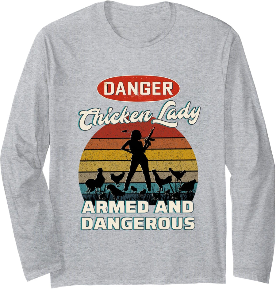 Funny Chickens Mom Gun Lover Chicken Lady Armed Dangerous Long Sleeve T-Shirt - Adult Unisex Heather Grey