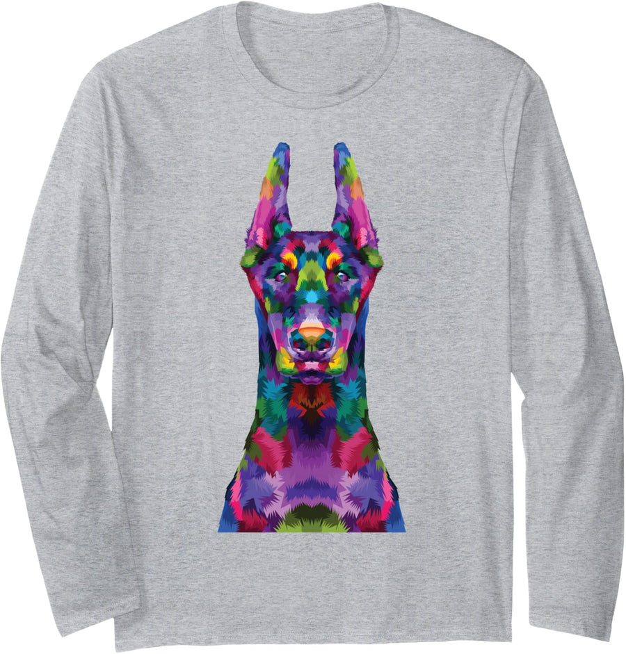 Colorful Doberman Pinscher Dog pop Art for Lovers Dogs Owner Long Sleeve T-Shirt - Adult Unisex Heather Grey