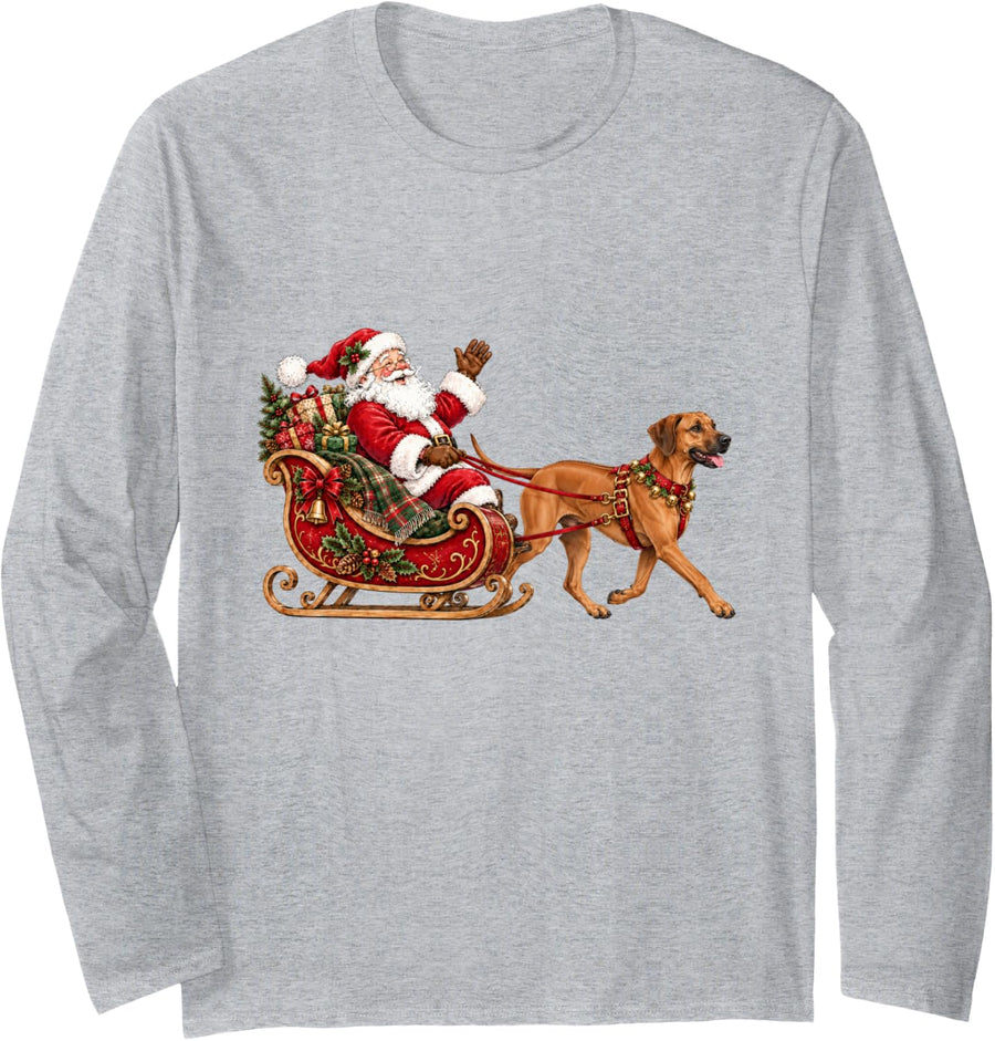 Rhodesian Ridgeback Christmas Santa Sleigh Holiday Dog Long Sleeve T-Shirt - Adult Unisex Heather Grey