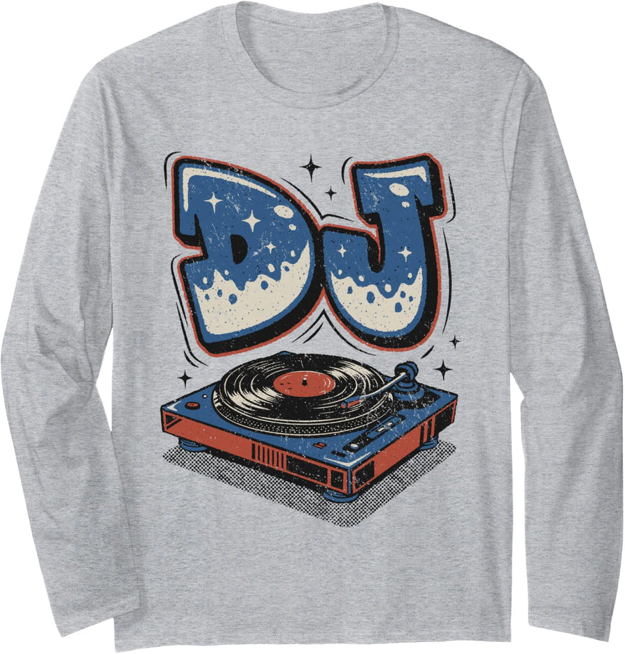 DJ Disc Jockey Vinyl Record Player Turntable Retro Vintage Long Sleeve T-Shirt - Adult Unisex Heather Grey