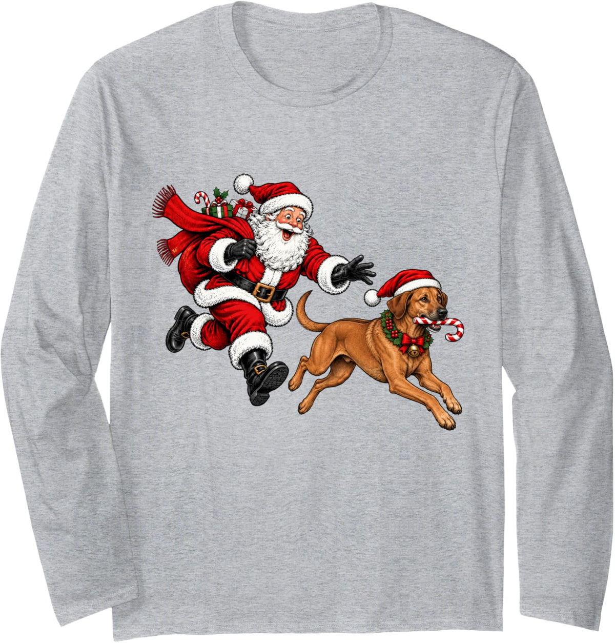 Funny Santa Chasing Rhodesian Ridgeback Christmas Dog Mom Long Sleeve T-Shirt - Adult Unisex Heather Grey