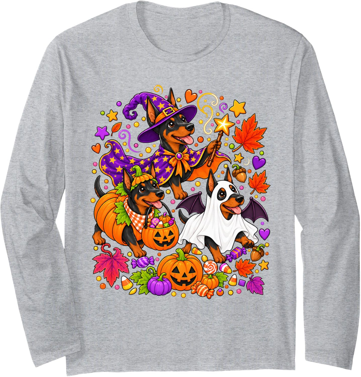 Doberman Pinscher Halloween Dogs Witch Ghost Pumpkin Long Sleeve T-Shirt - Adult Unisex Heather Grey