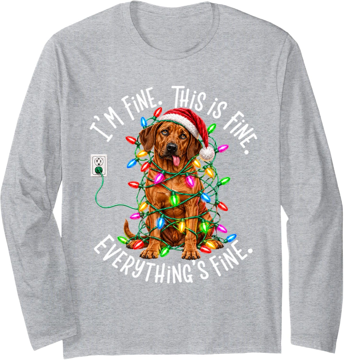 Funny Rhodesian Ridgeback Christmas Lights Dog Lover Xmas Long Sleeve T-Shirt - Adult Unisex Heather Grey