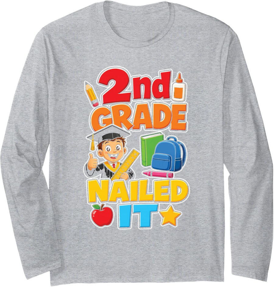 2nd Grade Nailed It Graduation Gift Boys Girls Kids Long Sleeve T-Shirt - Adult Unisex Heather Grey
